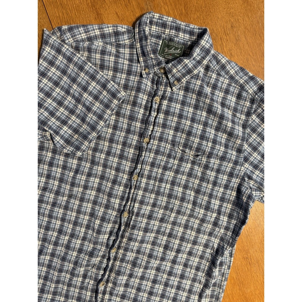 Woolrich Shirt Men's L Blue‎ Gray Button Up Plaid Camp Pocket Organic Cotton